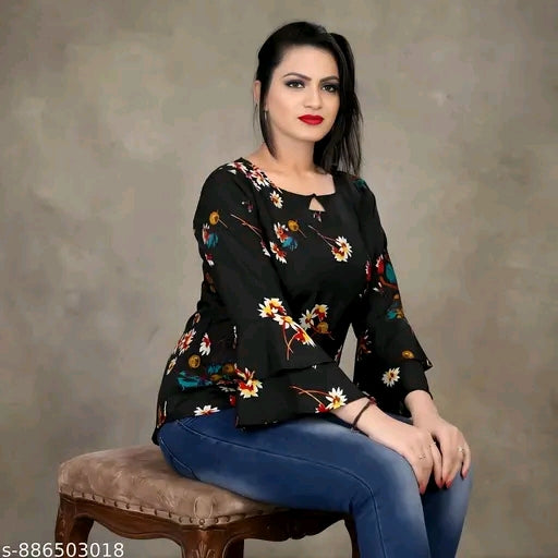 Floral printed crepe tunic for women keyhole neck Re...