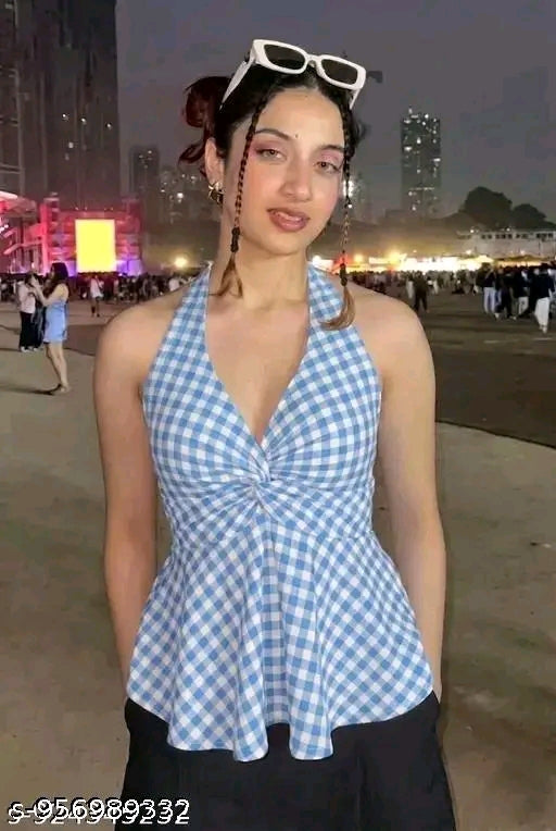 Women's cotton Red gingham checked halter top western wear.