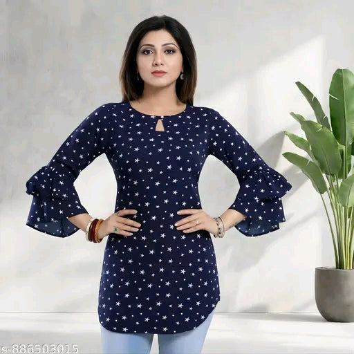 Floral printed crepe tunic for women keyhole neck Re...