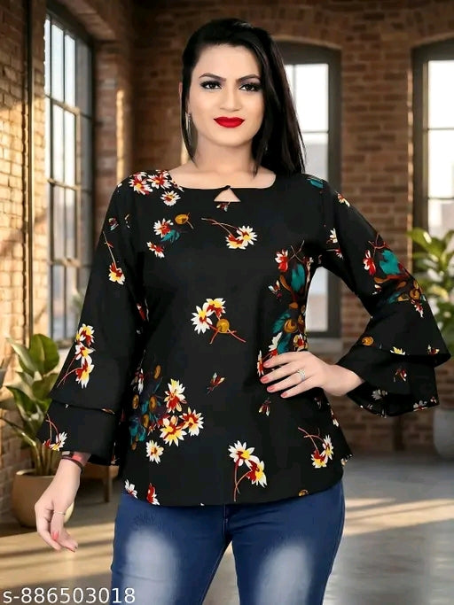 Floral printed crepe tunic for women keyhole neck Re...