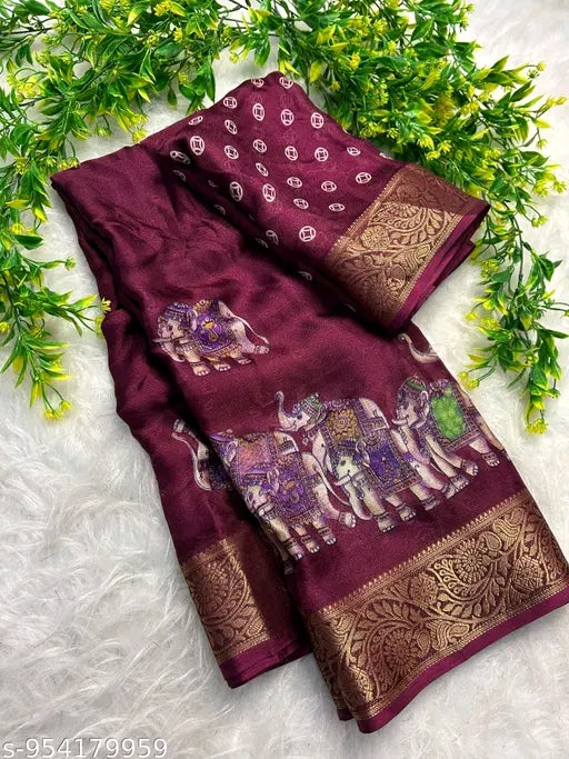 Elephant print zari weaving border saree.