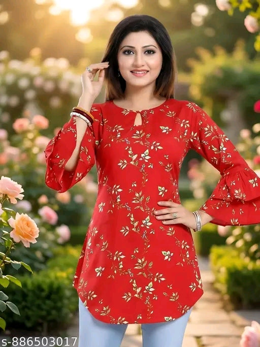Floral printed crepe tunic for women keyhole neck Re...