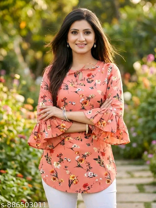 Floral printed crepe tunic for women keyhole neck Re...