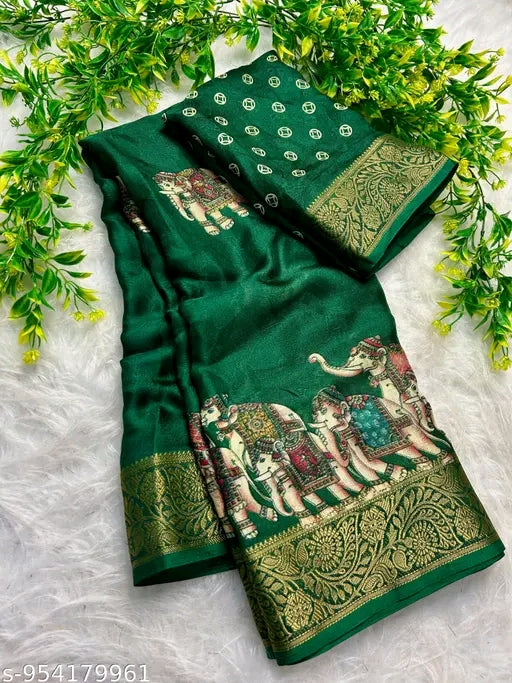 Elephant print zari weaving border saree.
