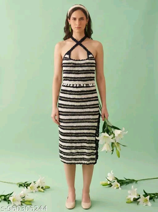 Smocked black and white printed halter Co,ord set for women.