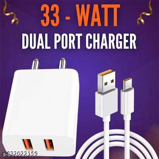 33 Watt Dual PO-RT Charger, Fast Charging, Dual PO-RT Fast Charger, Type-C Cable Included,