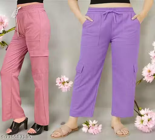 Trendy Lavender Deep Pink Straight-Fit Cargo Palazzo Pants for Kids Girls | Stylish High-Waist Casual Wear with Pockets | Comfortable & Versatile Bottoms for Daily Fashion Pack of 2