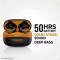 YONKO Black Orange Bluetooth Wireless Earbuds | TWS Earphones with 50Hrs Battery, Deep Bass Sound, Fast Charging Case