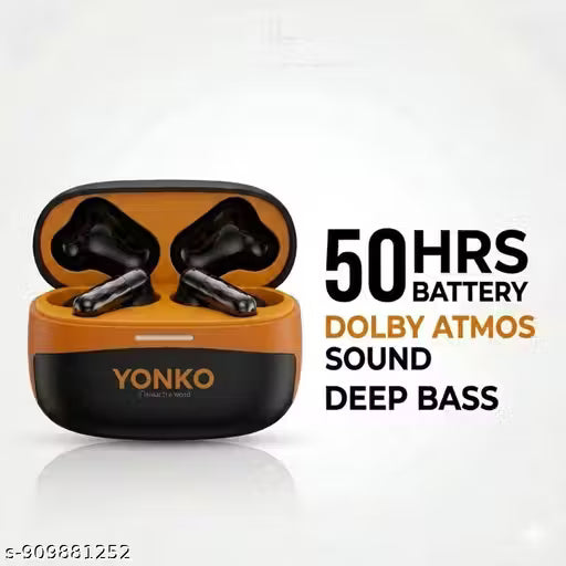 YONKO Black Orange Bluetooth Wireless Earbuds | TWS Earphones with 50Hrs Battery, Deep Bass Sound, Fast Charging Case