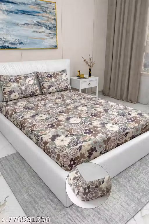 DOUBLE BED COTTON FEEL GLACE COTTON ALL AROUND ELASTIC FITTED BEDSHEET WITH 2 PILLOW COVERS
