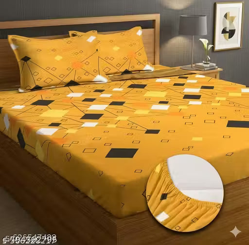 Super Soft Glace Cotton All Round Elastic Fitted Double Bed Bedsheet with 2 Pillow Covers-72x78x8 Inches-fiteed_Double