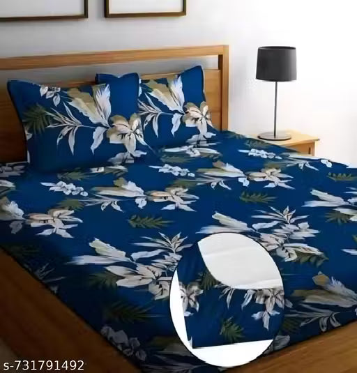 Super Soft Glace Cotton Attractive King Queen Single Cotton Feel All Round Elastic Fitted Double Bed Bedsheet with 2 Pillow Covers-72x78x8