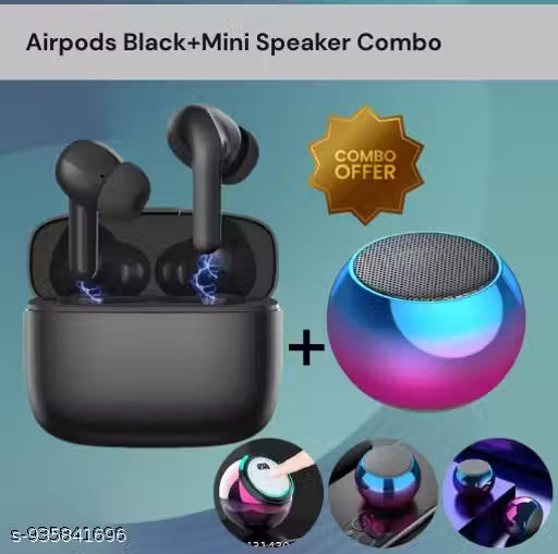 Airpro True Wireless Bluetooth Earphones with 30 Hours Playtime & Compatible for all Smartphones (Black) + Mini Bluetooth Speaker Any Random Colour - COMBO