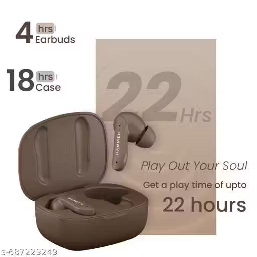 Hammer Solitude Bluetooth Earbuds with Upto 22H Playtime, Quad Mic with ENC, Fast Charging Type-C, IPX4 Water Resistant,