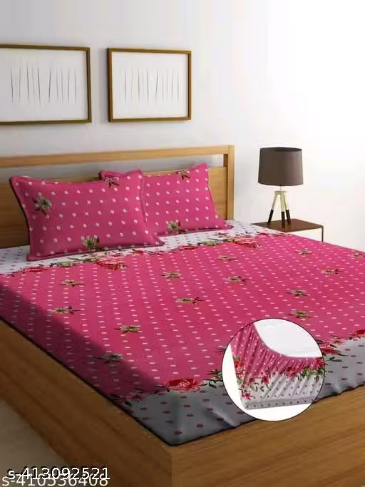 Fitted (Elastic) Cotton Double Bedsheet With 2 Pillow Covers