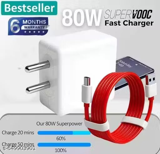 65 Watt 6A Super Fast Mobile Charger for Mobile with Detachable Red & White Cable (White, Cable Included) Supports Supervooc, VOOC, Warp, Dash, SuperDart & Fast Charging