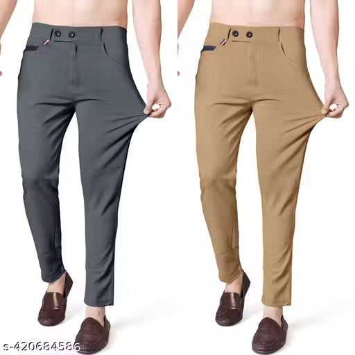 Grey and Khaki Color Stretchable Back Pocket Tapered Fit Stylish Mens Casual Pants - Latest, Light Weight, and Night Wear. Pack of 2