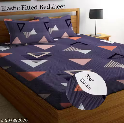 Super Soft Glace Cotton All Round Elastic Fitted Double Bed Bedsheet with 2 Pillow Covers-72x78x8