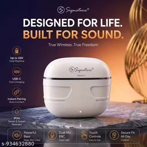 Signature Sigbuds 21 True Wireless Earbuds with 32H Playtime, ENC Mic, USB-C Fast Charging & IPX4 Water Resistance