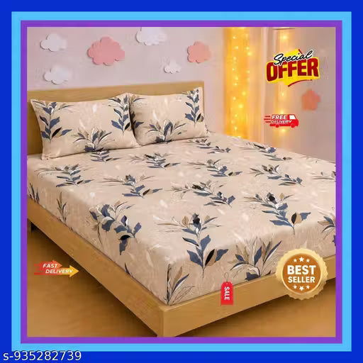 Fitted (Elastic) Cotton Double Bedsheet With 2 Pillow Covers