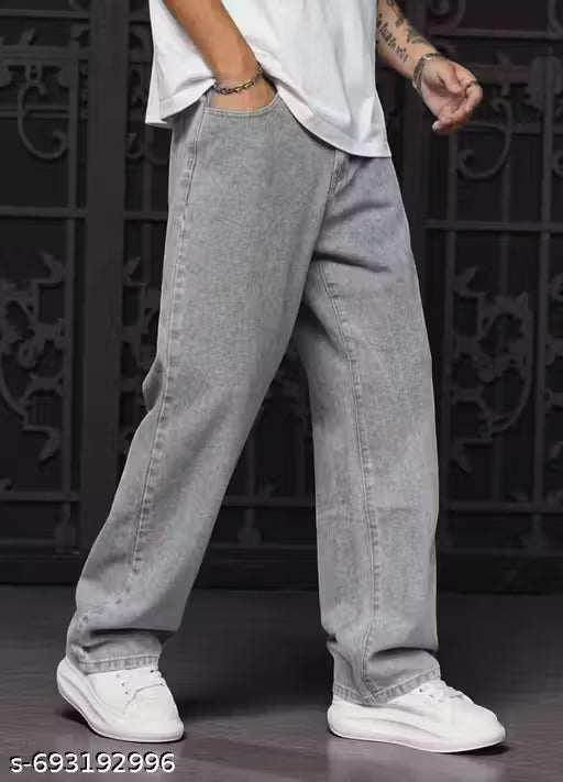 Men’s Grey Relaxed Fit Straight-Leg Denim Jeans