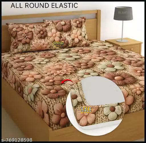 Floral All-Round Elastic Fitted Bedsheet King Size with 2 Pillow Cover
