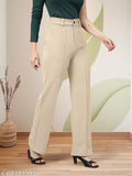 Casual Polyester Blend High Waist Stylish Beige Pleated Trouser For Womans