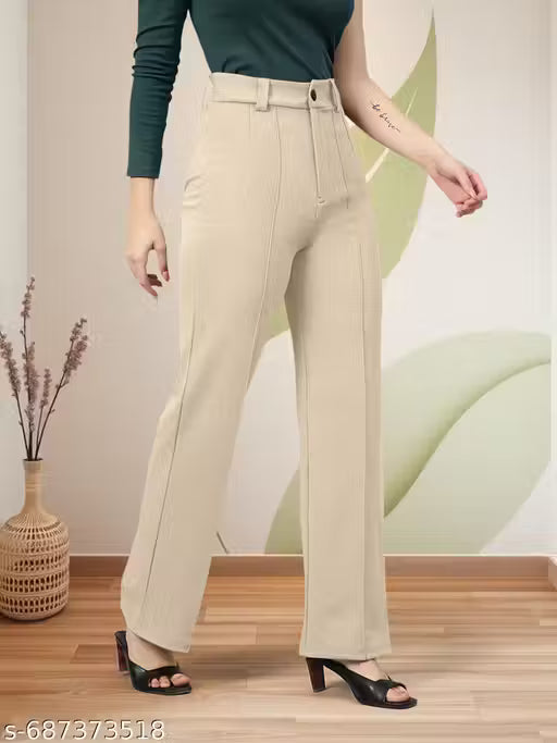 Casual Polyester Blend High Waist Stylish Beige Pleated Trouser For Womans