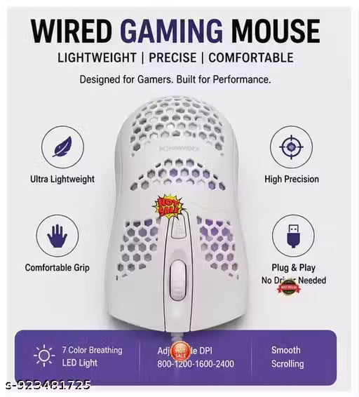Wired Gaming Mouse for PC & Laptop Gamers, Lightweight Honeycomb Design with High Precision Sensor,