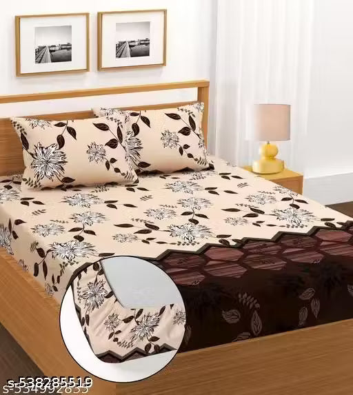 Super Soft Glace Cotton All Round Elastic Fitted Double Bed Bedsheet with 2 Pillow Covers-72x78x8 Inches-fiteed_Double