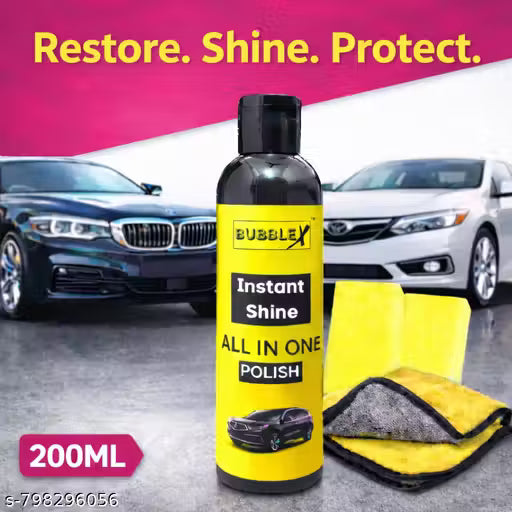 BubbleX Instant Shine All in One Car Polish 200ML | Mirror Finish Liquid Polish | Car, Bike & Dashboard Shine with Sponge & Microfiber Cloth