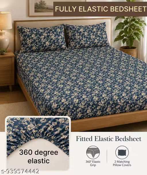 Chahat Homes King Size Fitted Elastic Cotton Superfine 1 Double Bedsheet With Free 2 Pillow Covers 1+2 Set Full Size 72*78+8 Inches And Big Size Of Pillow Covers JAI GURU JI