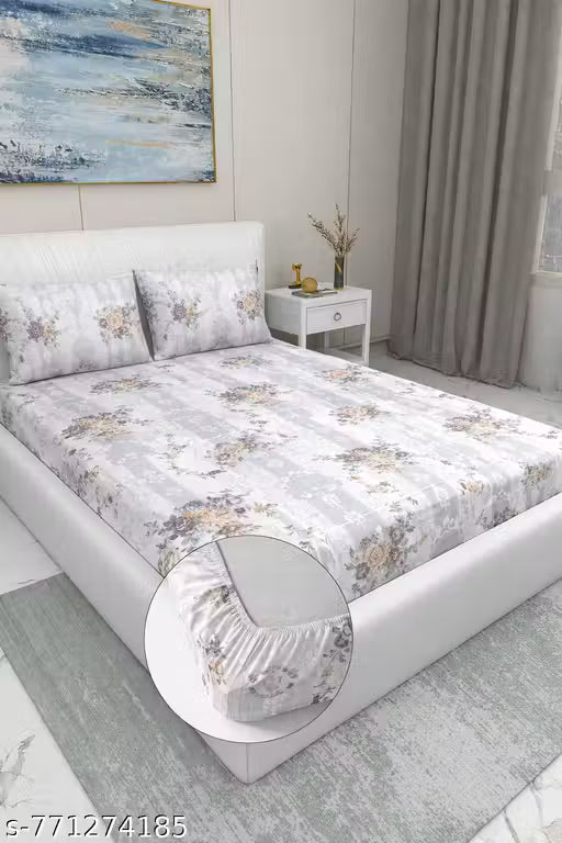 DOUBLE BED COTTON FEEL GLACE COTTON ALL AROUND ELASTIC FITTED BEDSHEET WITH 2 PILLOW COVERS