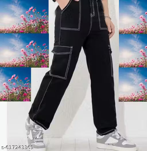 White Thread Stylish Trending Black Cargo Pants For Kids
