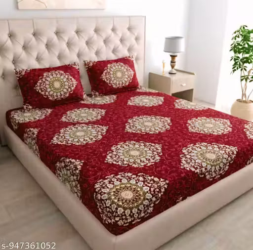 FASHION ISHQU Floral Printed Double Bed Sheet with 2 Pillow Covers – Deep Mroon & Olive Gold