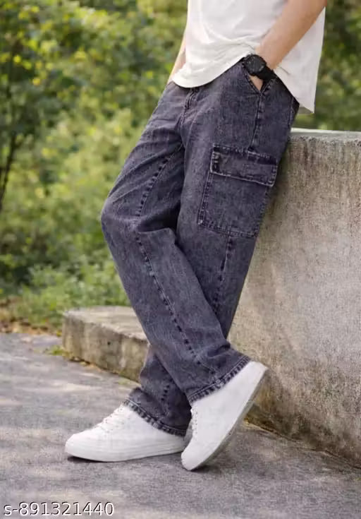 Regular Fit Washed Denim Cargo Jeans with 6 Pockets Stretchable
