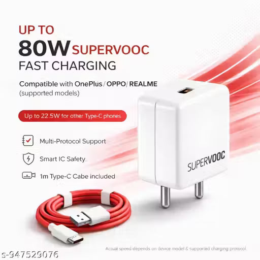 80 Watt Ultra-Fast Charger; 80-Watt Wall Powerr Adapter; 80 Watt Fast Charging Mobile Charger, Compatible With Supports Supervooc,
