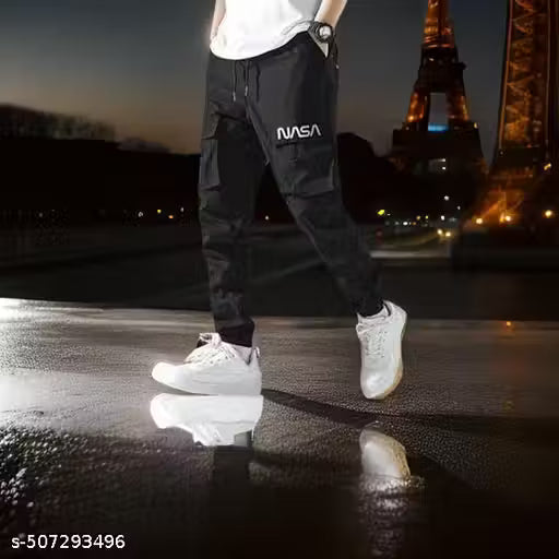 Mens Cargo Track Pant Black Nasa Black Nasa SIX POCKET Printed Cotton TrackpantTrack Pant for Men || Track Pants