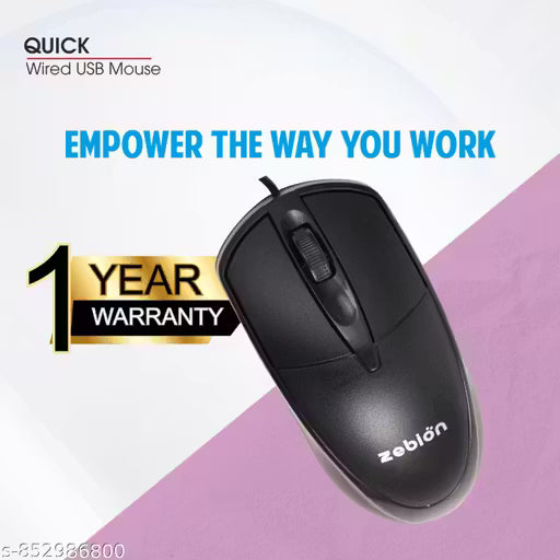 Zebion Quick USB Wired Mouse with 1000 DPI, Ergonomic Palm Grip, Matte Finish, Lightweight & Non-Slip Design – 12 Months Warranty (Black)