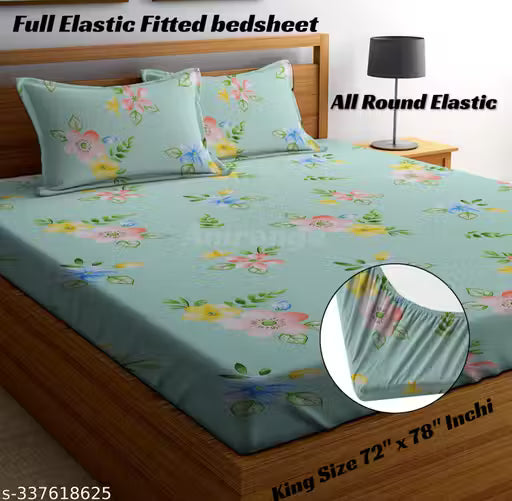 Amrange Premium Cotton King Size Fitted Bedsheets with 2 Pillow Covers | Double Bed with All Around Elastic 180 TC Supersoft