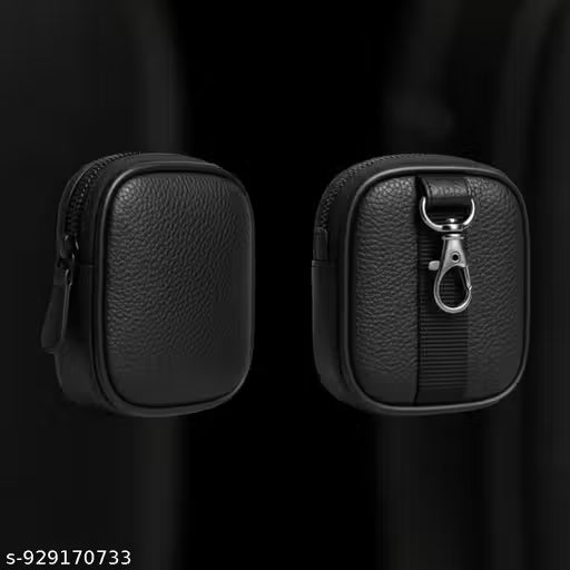 PU Leather Earbuds Carry Case – Compact Shockproof Zipper Pouch for Wireless Earphones with Metal Clip (Black)