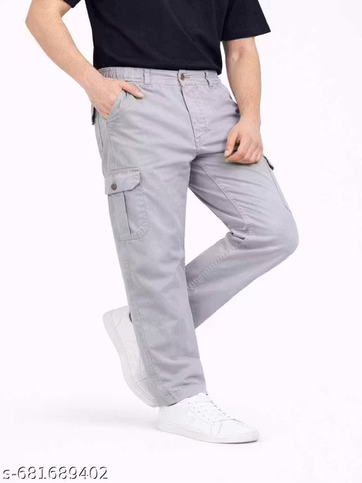Men Grey Cotton Cargo Pants | Regular Fit Multipocket Casual Trousers for Daily Wear