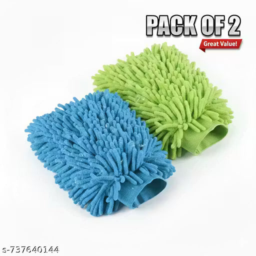 Double Sided Microfiber Hand Gloves, Dust Cleaner Vehicle Washing Multipurpose Use (Pack of 2, Multicolor)