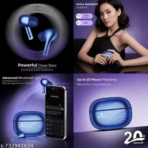 ONBIZ Premium Wireless Earbuds With Bluetooth V5.4, 10mm Dynamic Driver for deep base, Above 20+Hrs of Playtime,