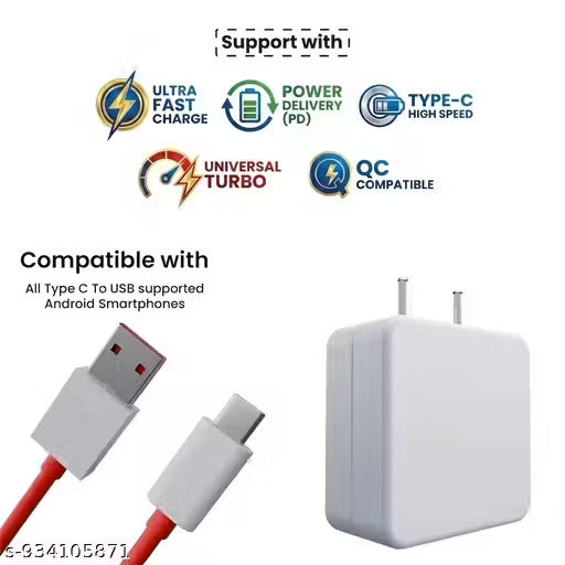 Ztrix 120W Super Fast Charger with Type-C Cable | Flash Charging Adapter | Multi Fast Charging Support (VOOC, Warp, Dash, QC 3.0) | USB Wall Charger for Android Smartphones