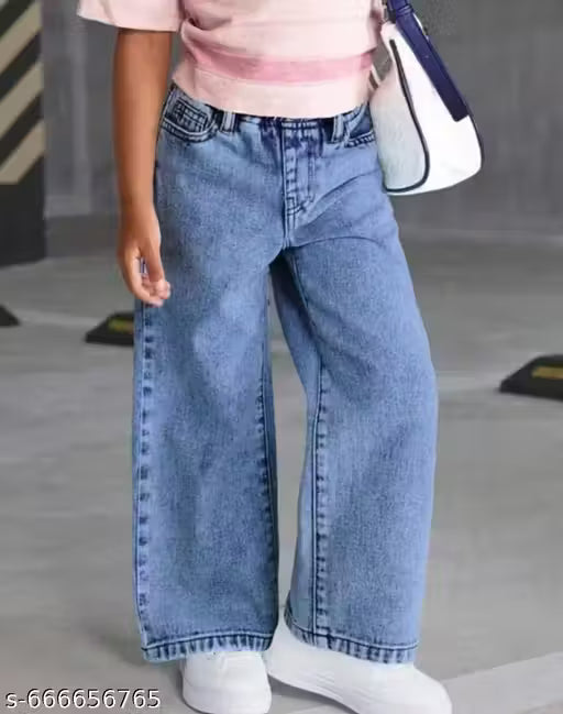 Trendy Wide Leg Baggy Fit Jeans for Girls | Grey Wash Denim (Kids)