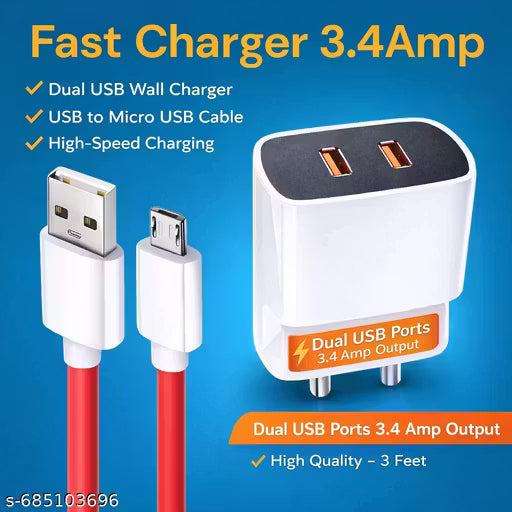 3.4amp Doul Ports USB Fast Charger with micro Charging Cable | Android Mobile Charger Adapter(red V8 Cable Included)
