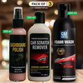 Pack of 3- Dashboard Polish, Scratch Remover & High Foam Car Shampoo | Interior & Exterior Car Care Kit