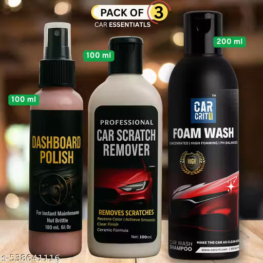 Pack of 3- Dashboard Polish, Scratch Remover & High Foam Car Shampoo | Interior & Exterior Car Care Kit