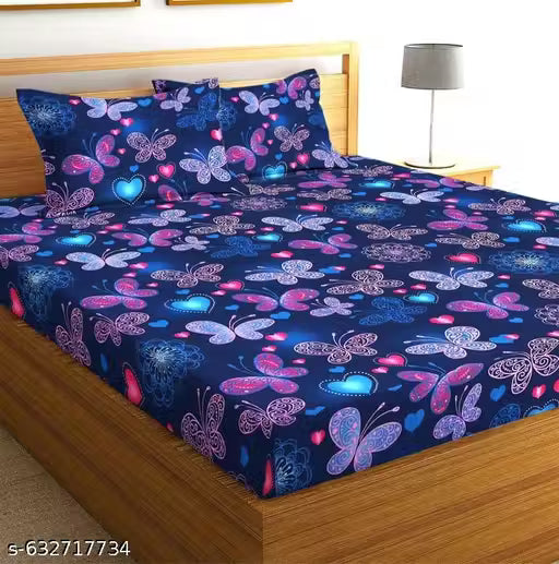 Super Soft Glace Cotton Attractive King Queen Single Cotton Feel All Round Elastic Fitted Double Bed Bedsheet with 2 Pillow Covers-72x78x8